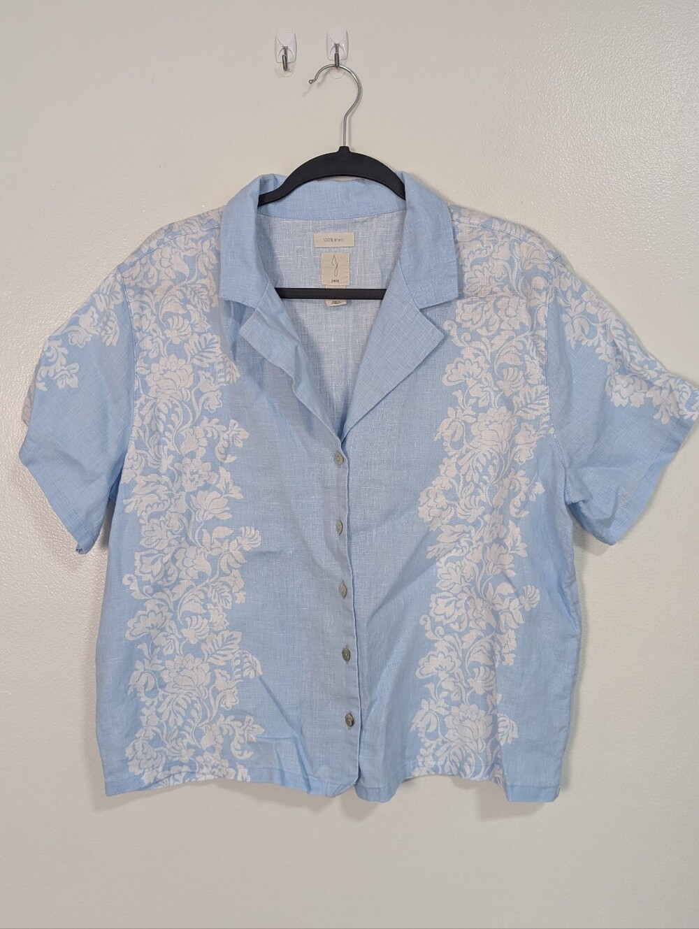 Joie Size Large Blue White Floral 100% Linen Button Down Camp Shirt